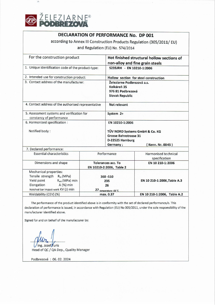 Declaration of Performance acc. to EN 10 210