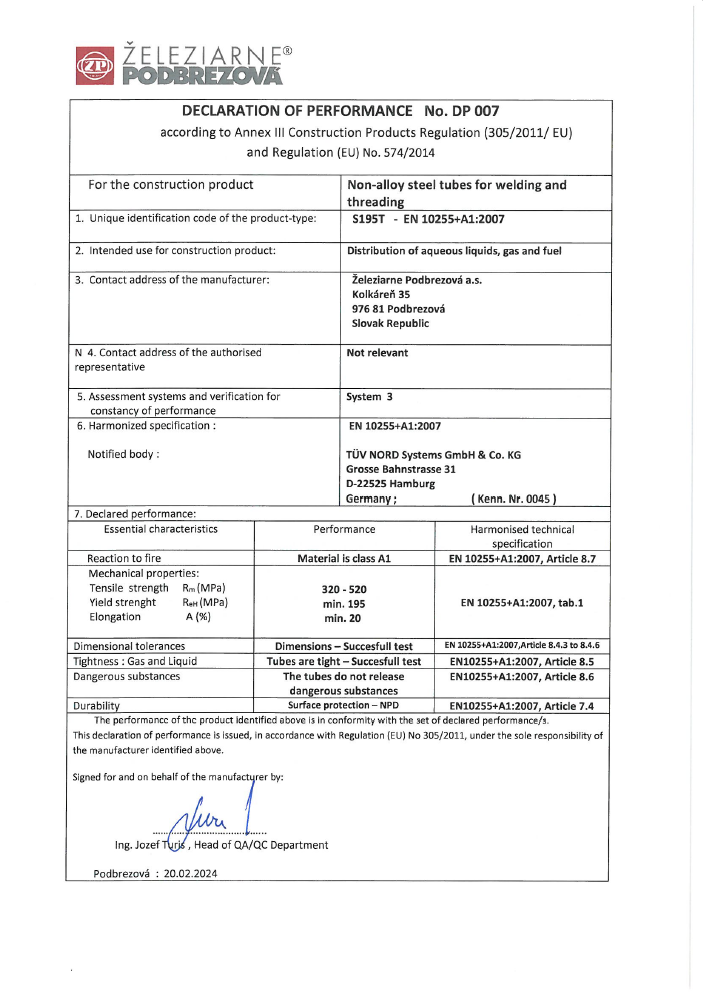 Declaration of Performance acc. to EN 10 255